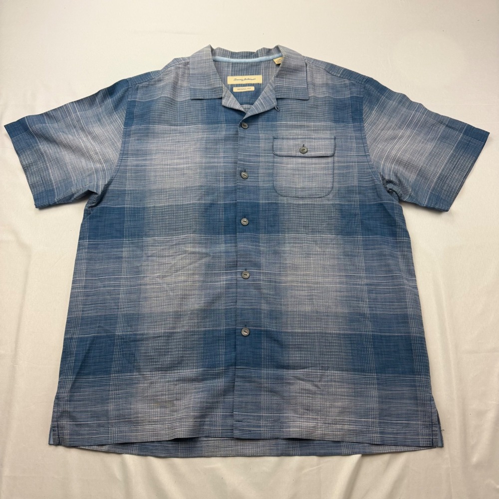 Tommy Bahama Button Up Shirt Mens Large Blue Plaid Silk Cotton Original Fit